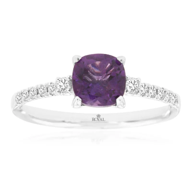 Beautiful engagement rings with tanzanite stones-Cushion Cut Purple Amethyst Ring with Pave Diamond Band in White Gold