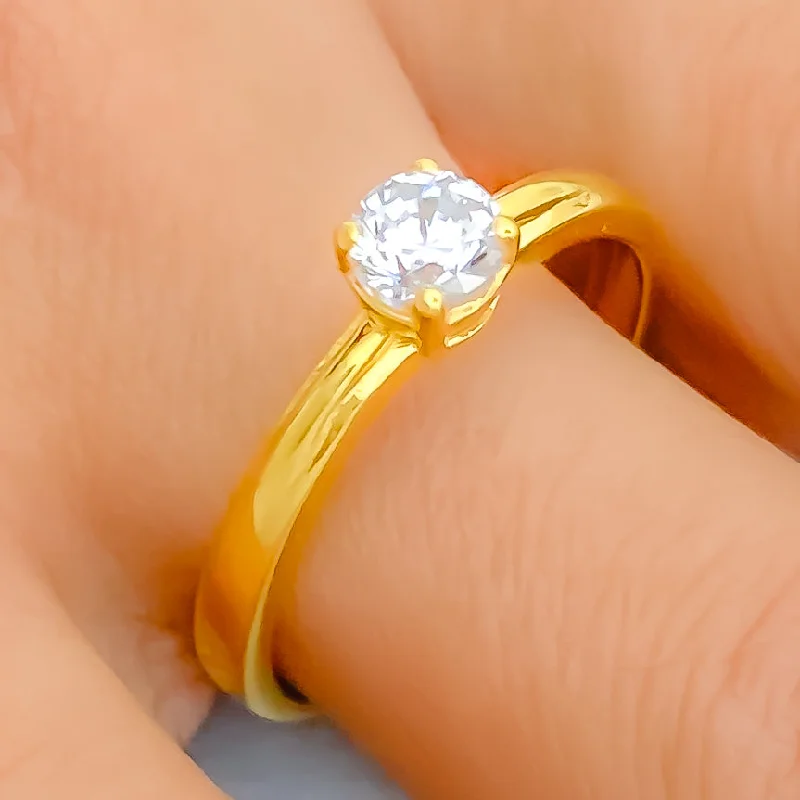 Elegant gold rings for women-Petite Striped CZ Solitaire 22k Gold Ring