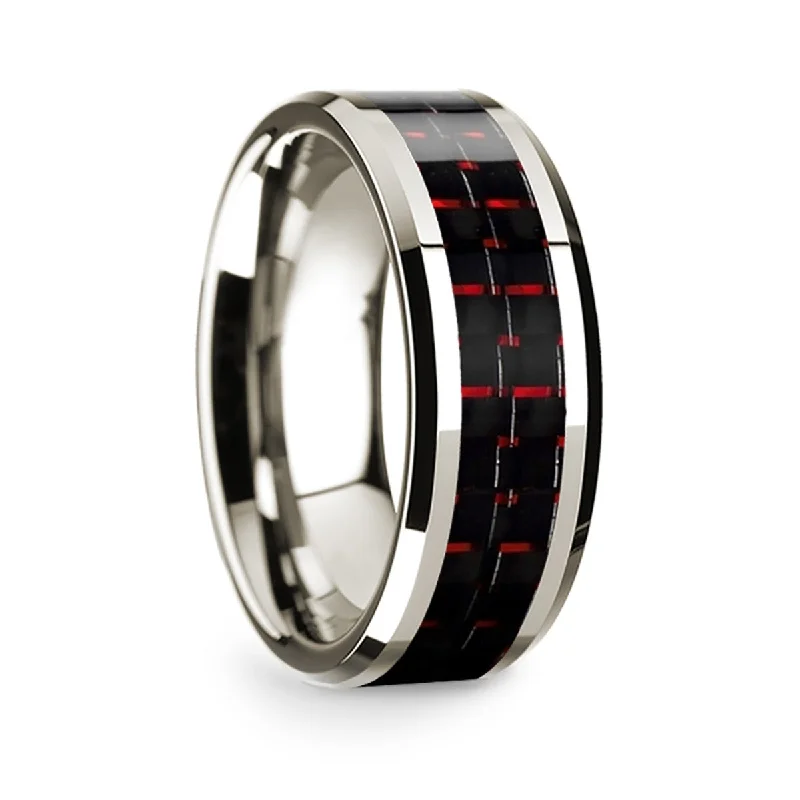 Engagement rings with oval diamonds-14k White Gold Men's Wedding Band with Black & Red Carbon Fiber Inlay