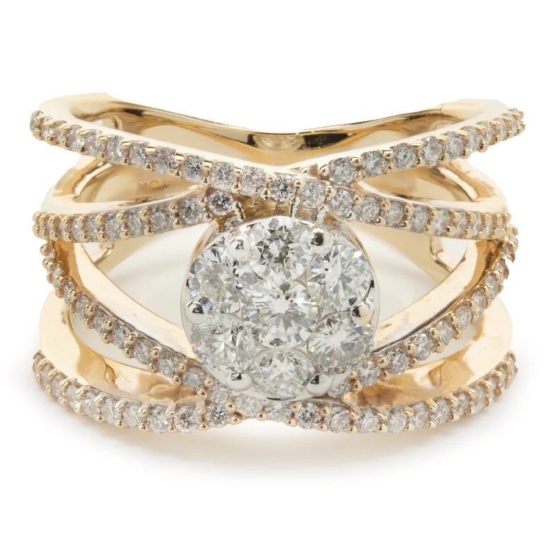 Elegant engagement rings with oval diamonds-14 Karat Yellow Gold Bypass ring with Pave Diamond Circle Center