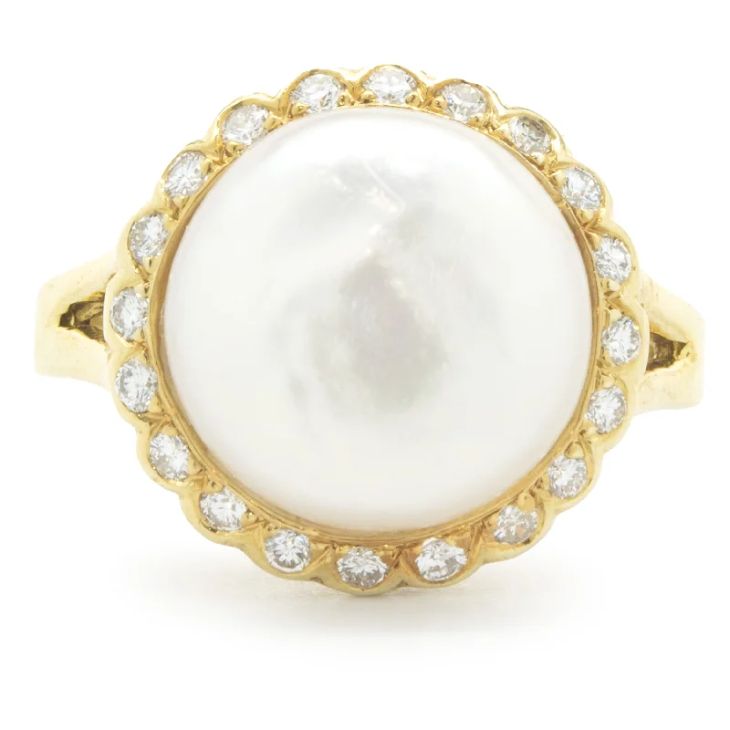 Timeless engagement rings with solitaire diamonds-18 Karat Yellow Gold Button Pearl and Diamond Cocktail Ring