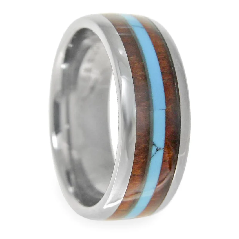 Unique rings with custom engravings-Koa Wood & Turquoise Inlaid Men's Tungsten Wedding Band