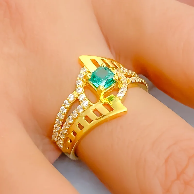 Stackable rings for women-Green Dazzling 22k Gold CZ Statement Ring