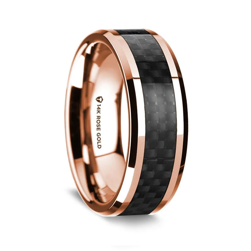 Simple gold rings for women-14k Rose Gold Men's Wedding Band with Black Carbon Fiber Inlay