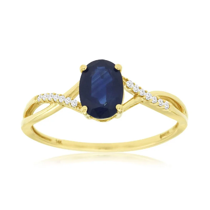 Simple and elegant engagement rings-Dainty Blue Oval Sapphire Crossover Diamond Band Ring in Yellow Gold