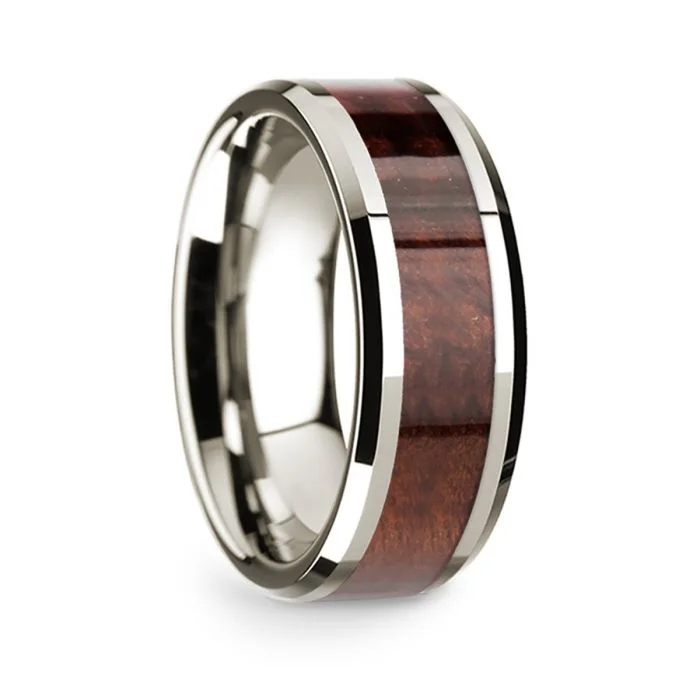 Beautiful rings with intricate designs-14k White Gold Men's Wedding Band with Redwood Inlay