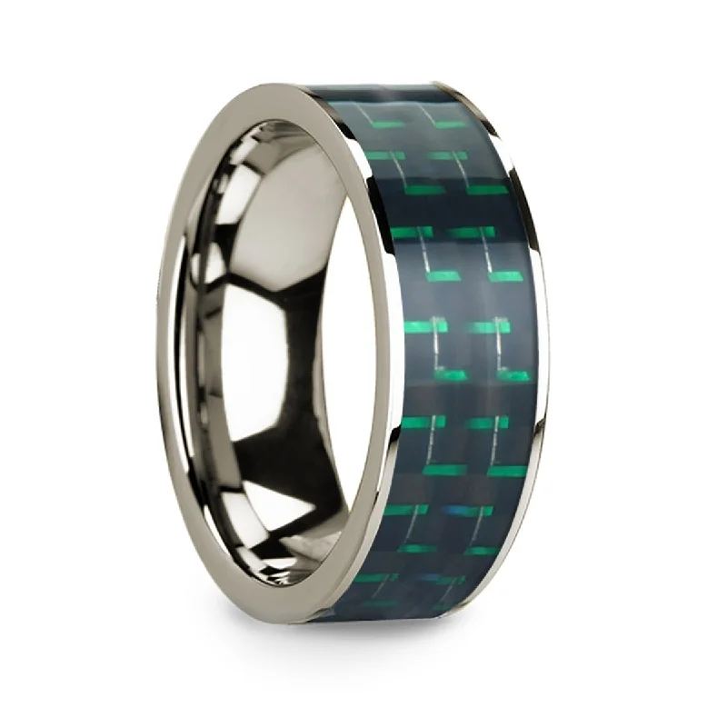 Trendy statement rings for every occasion-Black & Green Carbon Fiber Inlay 14k White Gold Men's Wedding Band