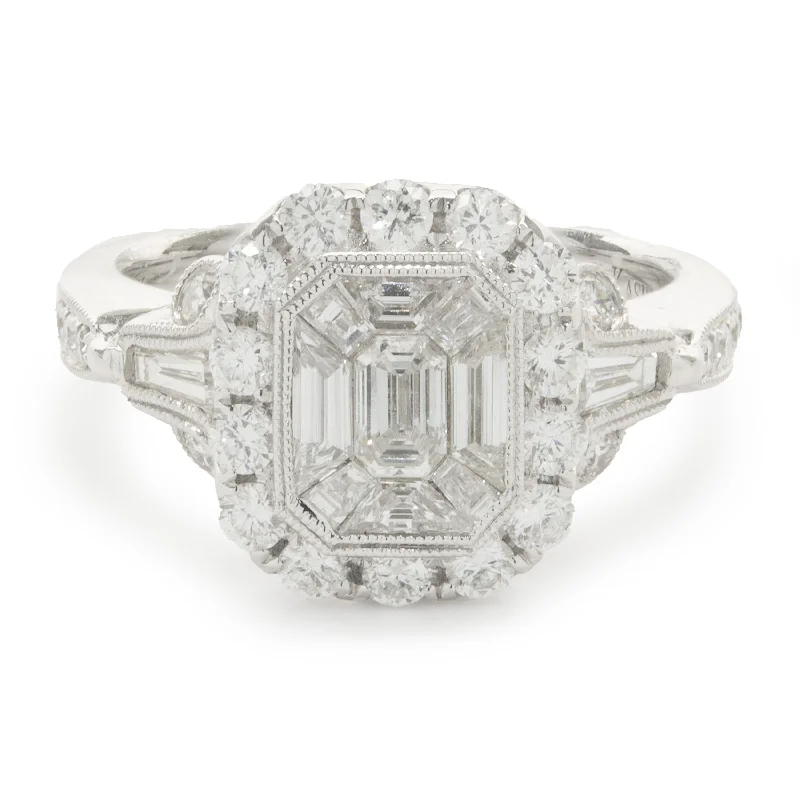 Timeless engagement rings with solitaire settings-14 Karat White Gold Deco Style Mosaic Set Diamond Ring