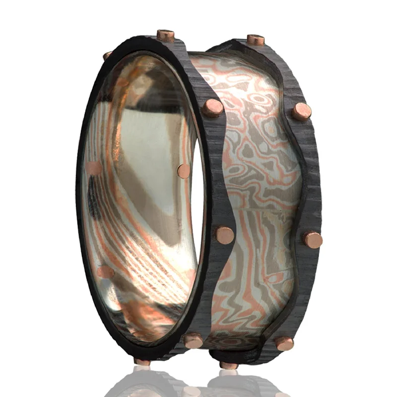 Bold statement rings for women-14k Rose Gold Mokume Gane Men's Zirconium Wedding Band