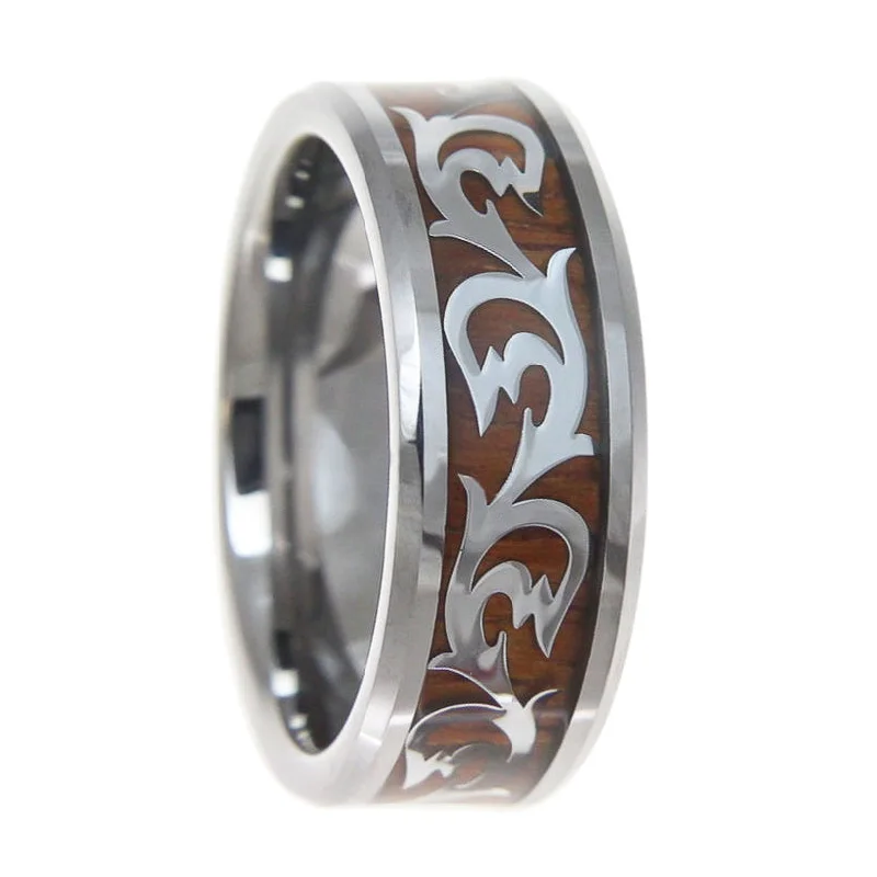 Affordable gemstone rings-Koa Wood Inlaid Men's Tungsten Band with Scroll Pattern