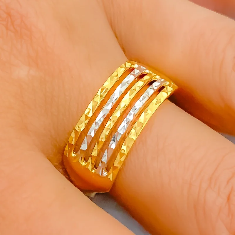 Luxury gold rings with gemstones-Hammered Two-Tone Striped 22k Gold Ring