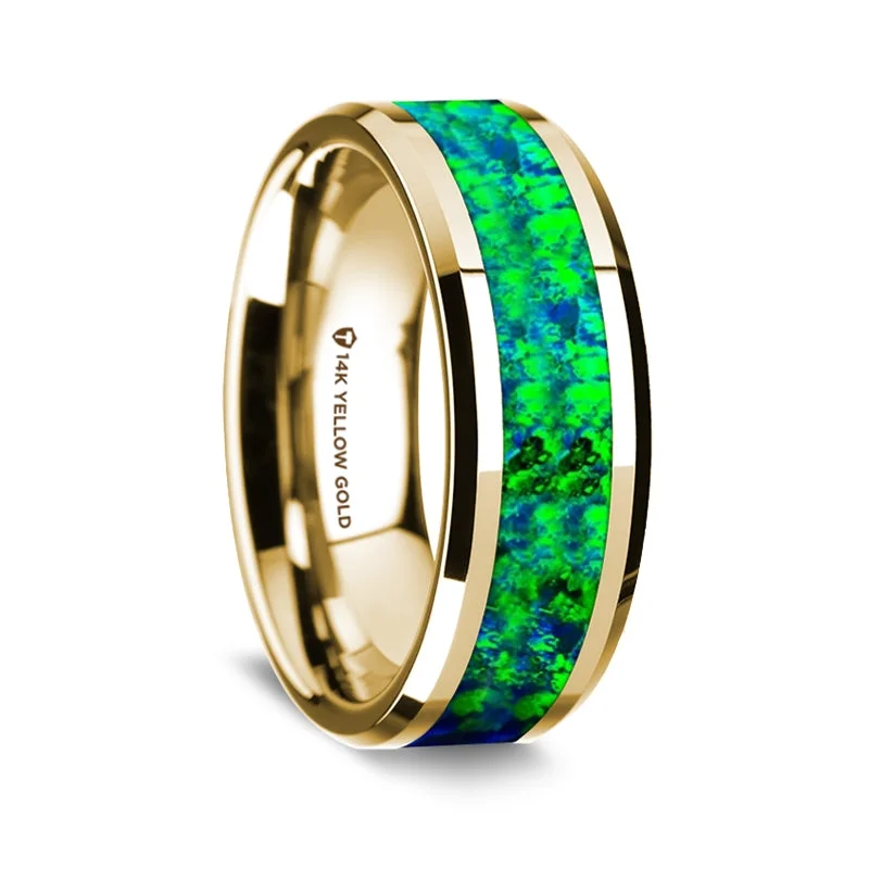 Sparkling rings with cubic zirconia-14k Yellow Gold Men's Wedding Band with Green & Blue Opal Inlay