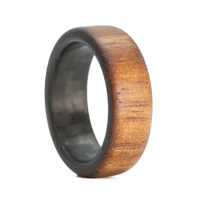 Unique gemstone rings for women-Koa Wood Men's Wedding Band with Carbon Fiber Interior