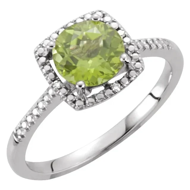 Custom engagement rings with mixed metals-Round Natural Peridot Birthstone Ring with Diamond Halo Setting in Sterling Silver