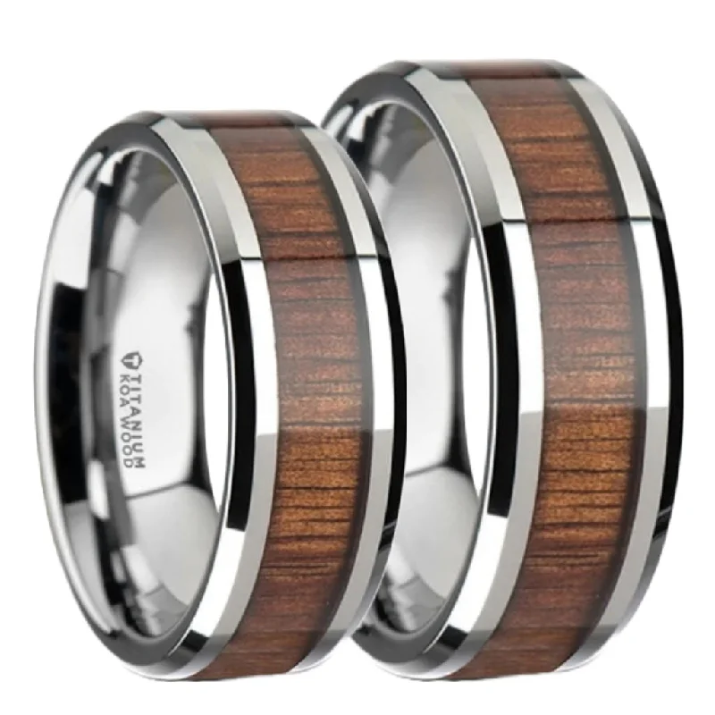 Stunning rings with amethyst gemstones-Titanium Couple's Matching Wedding Band Set with Koa Wood Inlay