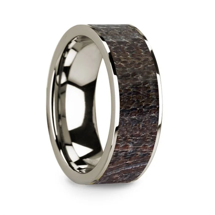 Custom rings with birthstone accents-Dark Deer Antler Inlay 14k White Gold Men's Wedding Band