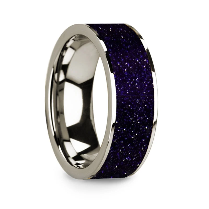 Classic rings with emerald-cut diamonds-Purple Goldstone Inlay 14k White Gold Men's Wedding Band