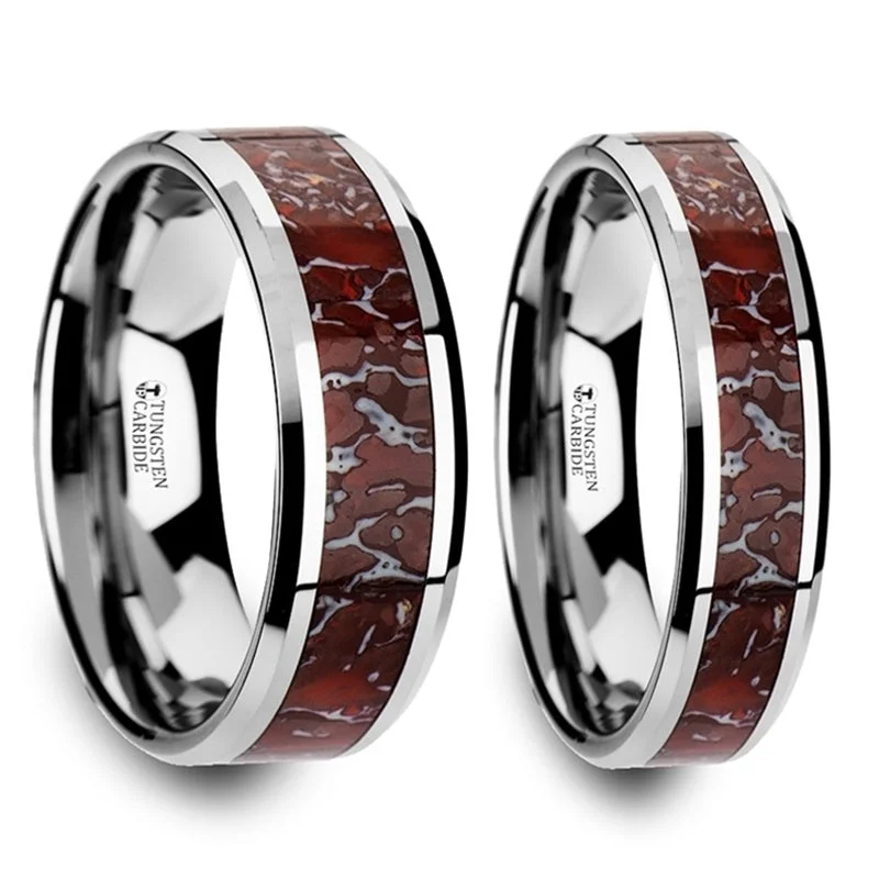 Beautiful wedding rings with sapphires-Red Dinosaur Bone Inlaid Tungsten Carbide Couple's Matching Wedding Band Set