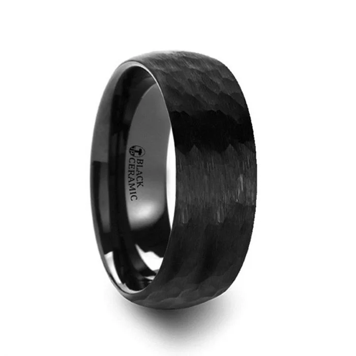 Elegant rings with pearl accents-Hammered Black Ceramic Domed Men's Wedding Band