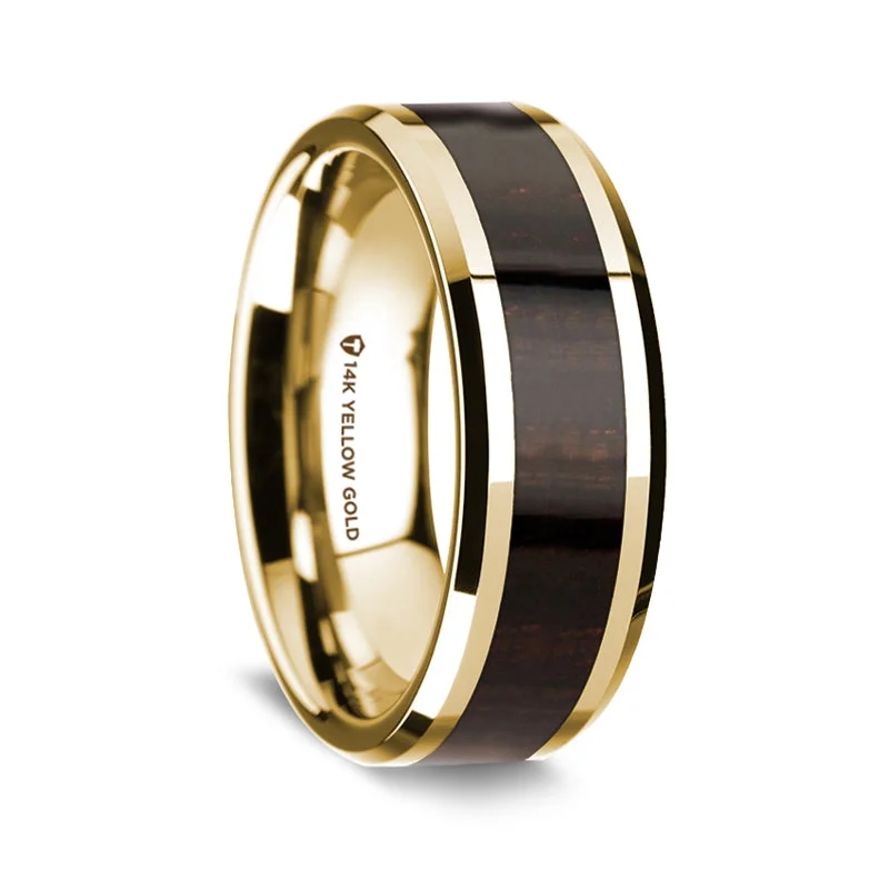 Affordable wedding rings for women-14k Yellow Gold Men's Wedding Band with Ebony Wood Inlay