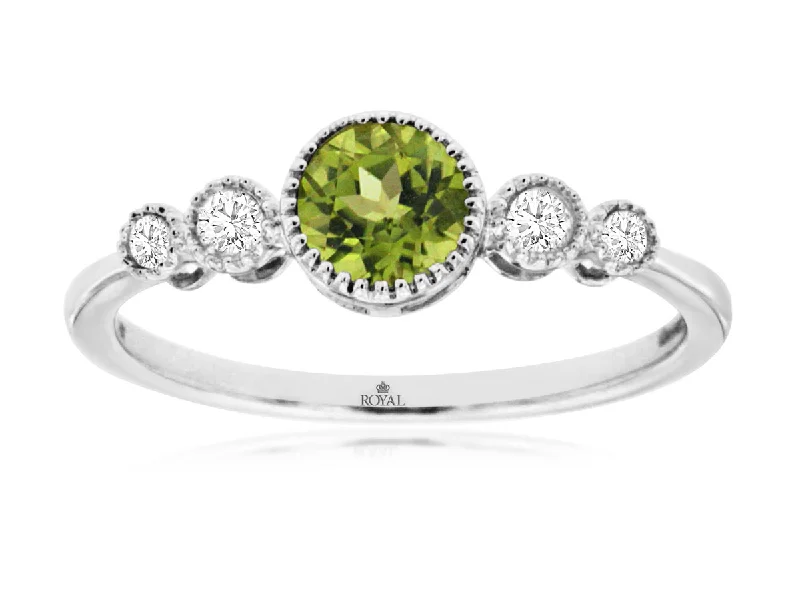 Vintage engagement rings with yellow diamonds-Round 5mm Peridot and Diamond Bezel Set Ring in 14k White Gold