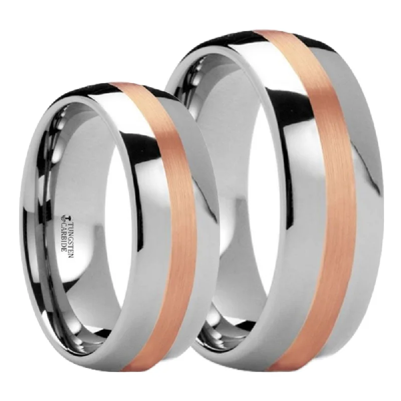 Affordable sterling silver rings-Tungsten Couple's Matching Wedding Band Set with 14k Rose Gold Inlay