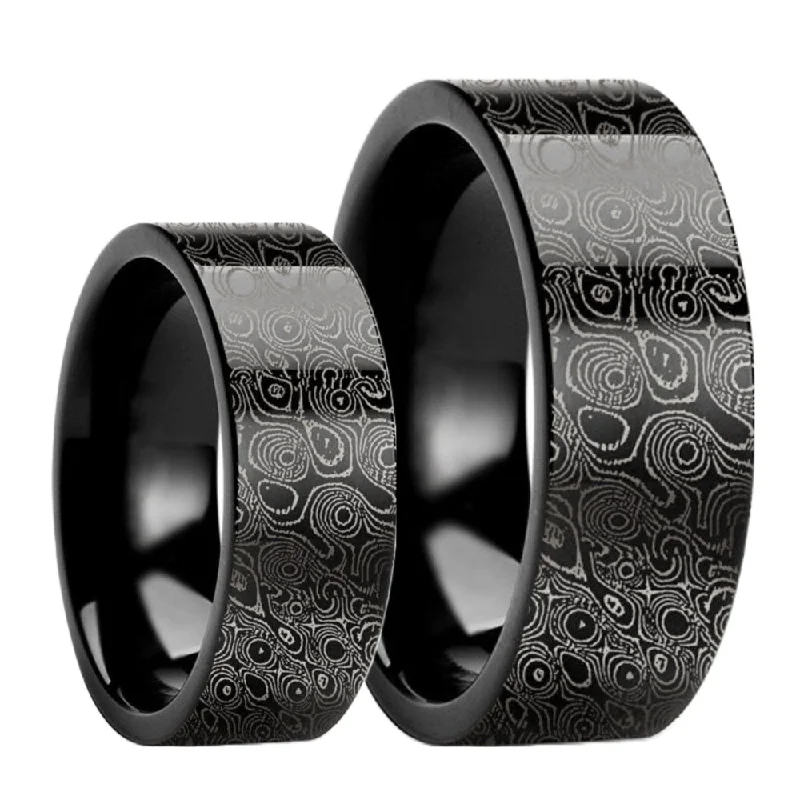 Vintage-inspired rings with diamonds-Damascus Steel Swirl Pattern Engraved Black Tungsten Couple's Matching Wedding Band Set