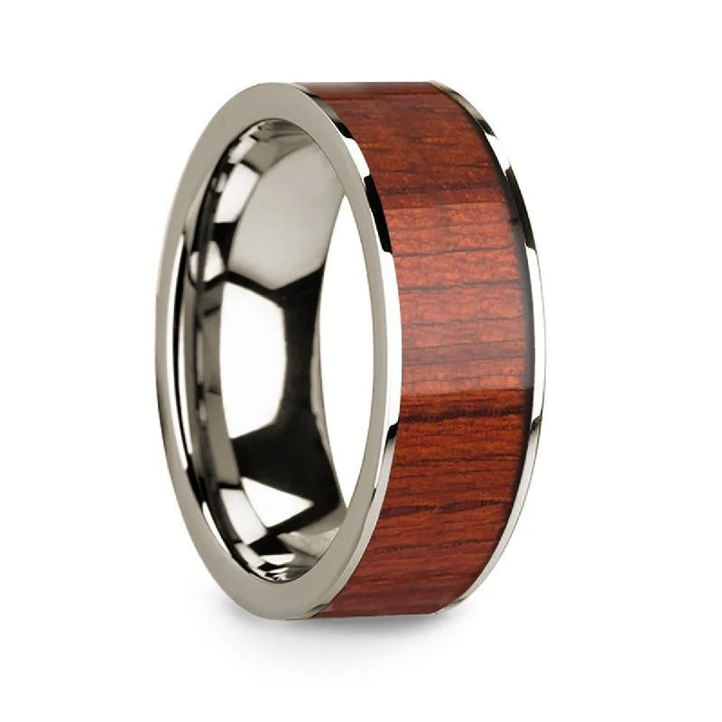 Classic solitaire diamond rings-Padauk Wood Inlay 14k White Gold Men's Wedding Band