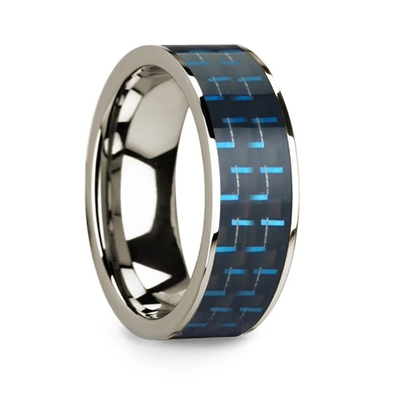 Classic diamond rings with intricate settings-Black & Blue Carbon Fiber Inlay 14k White Gold Men's Wedding Band