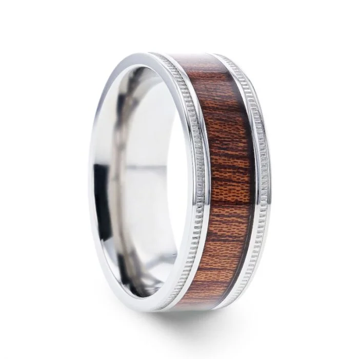 Stylish rings with multicolored gemstones-Milgrain Edge Titanium Men's Wedding Band with Koa Wood Inlay