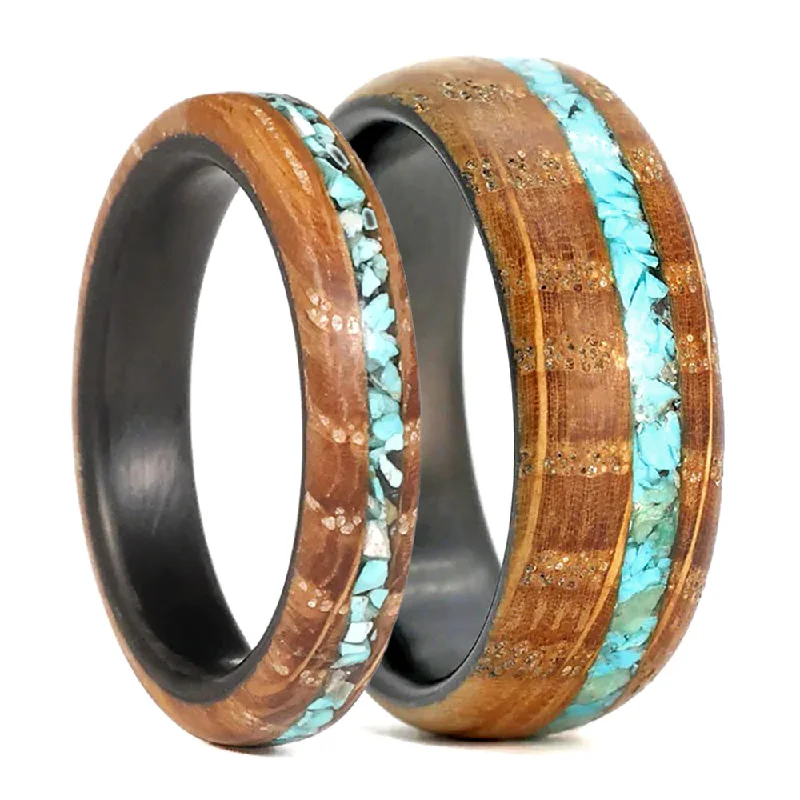 Stunning engagement rings with diamonds-Turquoise Stone Inlaid Couple's Matching Wood Wedding Band Set with Carbon Fiber Interior