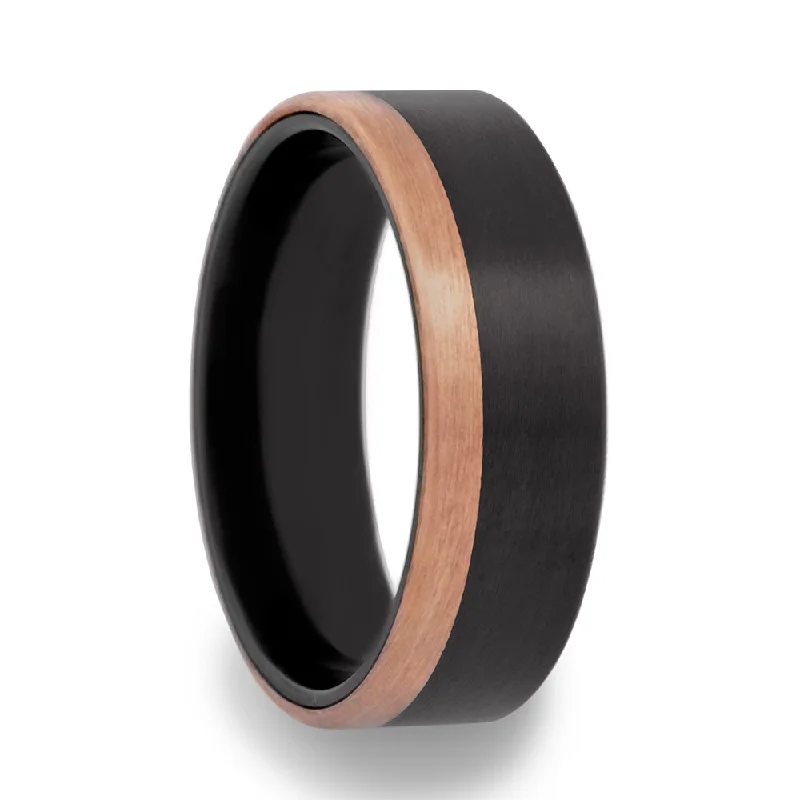 Affordable rings for bridesmaids-Zirconium Wedding Band with Asymmetrical 14k Rose Gold Inlay