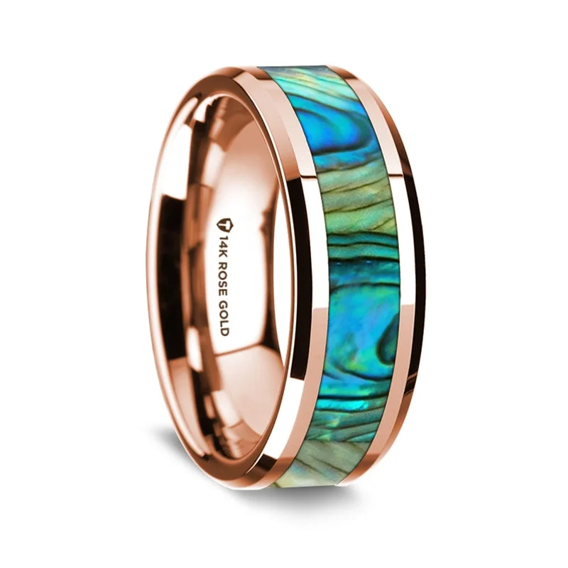 Rings with antique-style settings-14k Rose Gold Men's Wedding Band with Mother of Pearl Inlay