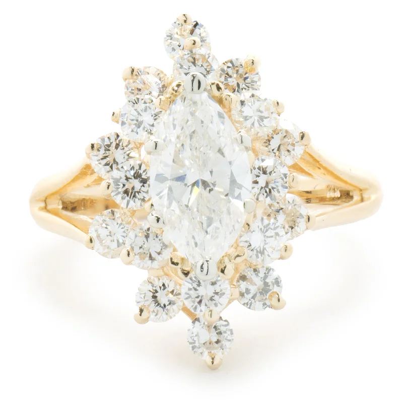 Stunning engagement rings with aquamarine-14 Karat Yellow Gold Marquise Cut Diamond Cocktail Ring with Diamond Halo