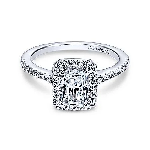 Personalized engagement rings with names engraved-Emerald Cut Halo Diamond Engagement Ring