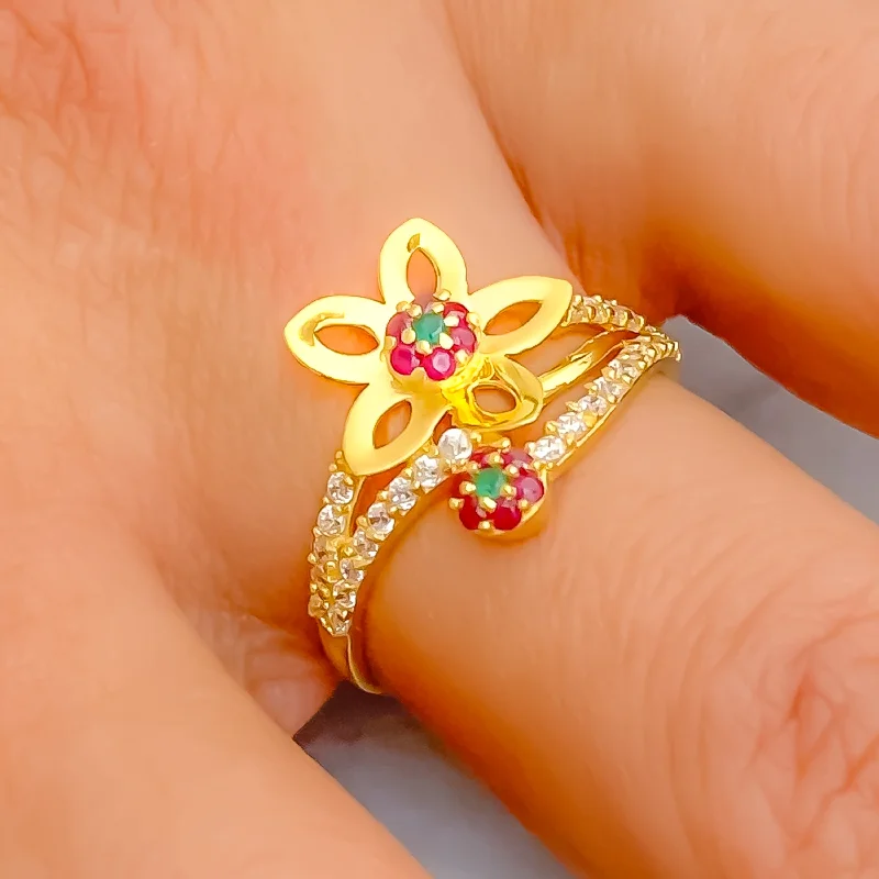 Gorgeous rings with colored stones-Delightful Multi Colored 22k Gold Floral CZ Ring