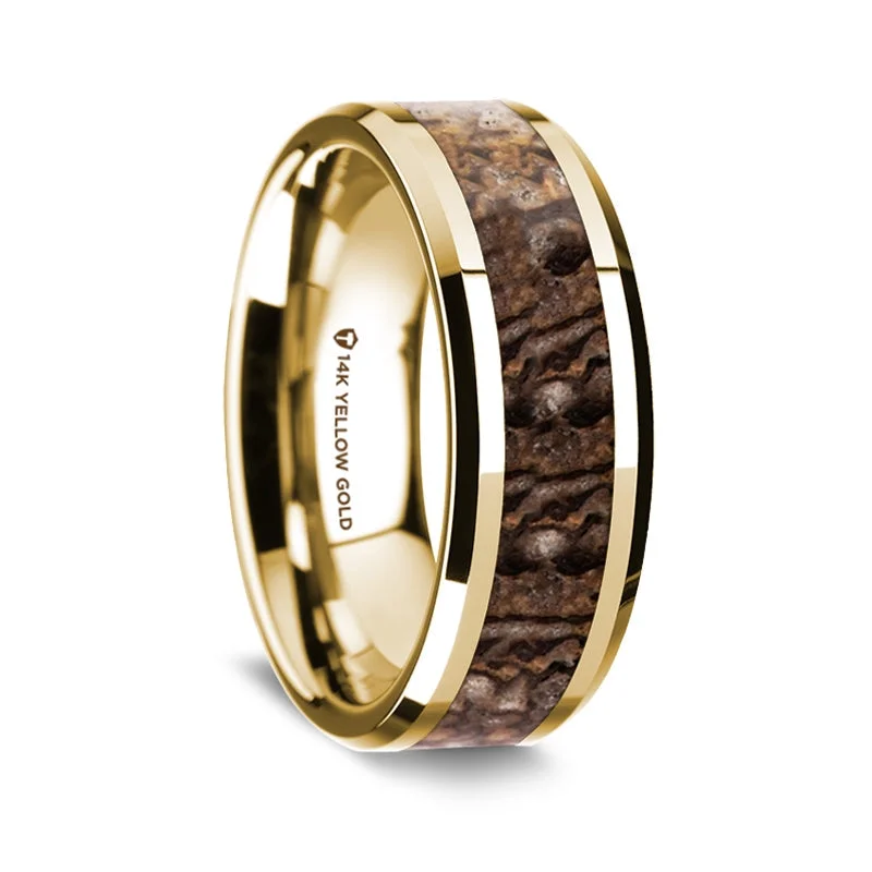 Simple engagement rings for her-14k Yellow Gold Men's Wedding Band with Brown Dinosaur Bone Inlay