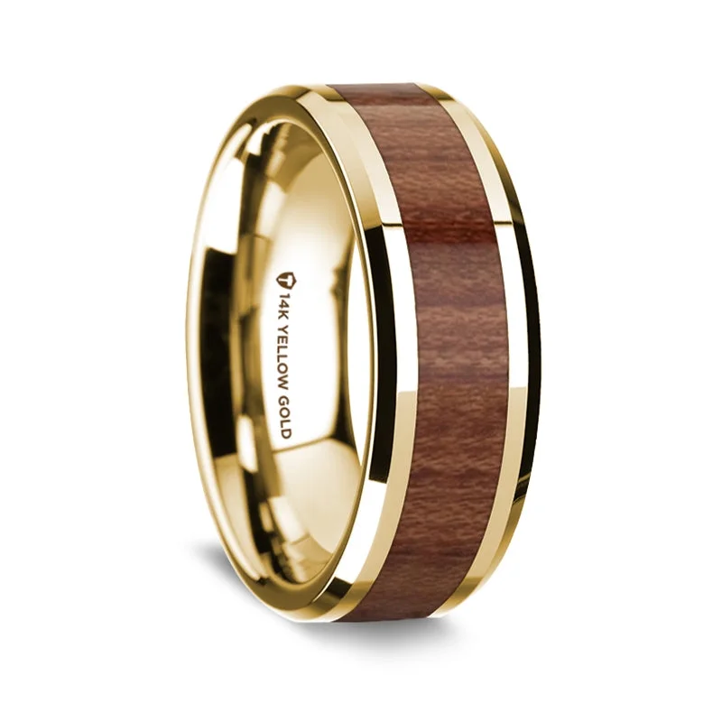 Statement rings for women-14k Yellow Gold Men's Wedding Band with Rosewood Inlay