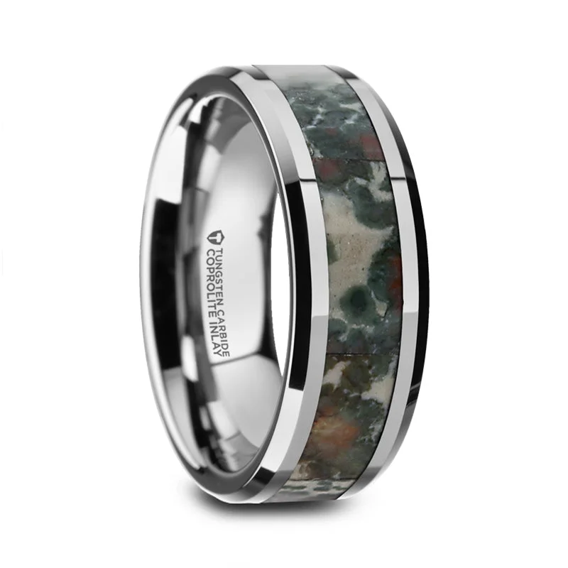 Stunning rings with pink sapphires-Tungsten Men's Wedding Band with Coprolite Fossil Inlay