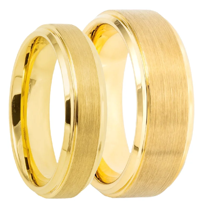 Rings with colored diamonds for women-Brushed Gold Tungsten Couple's Matching Wedding Band Set with Stepped Edges