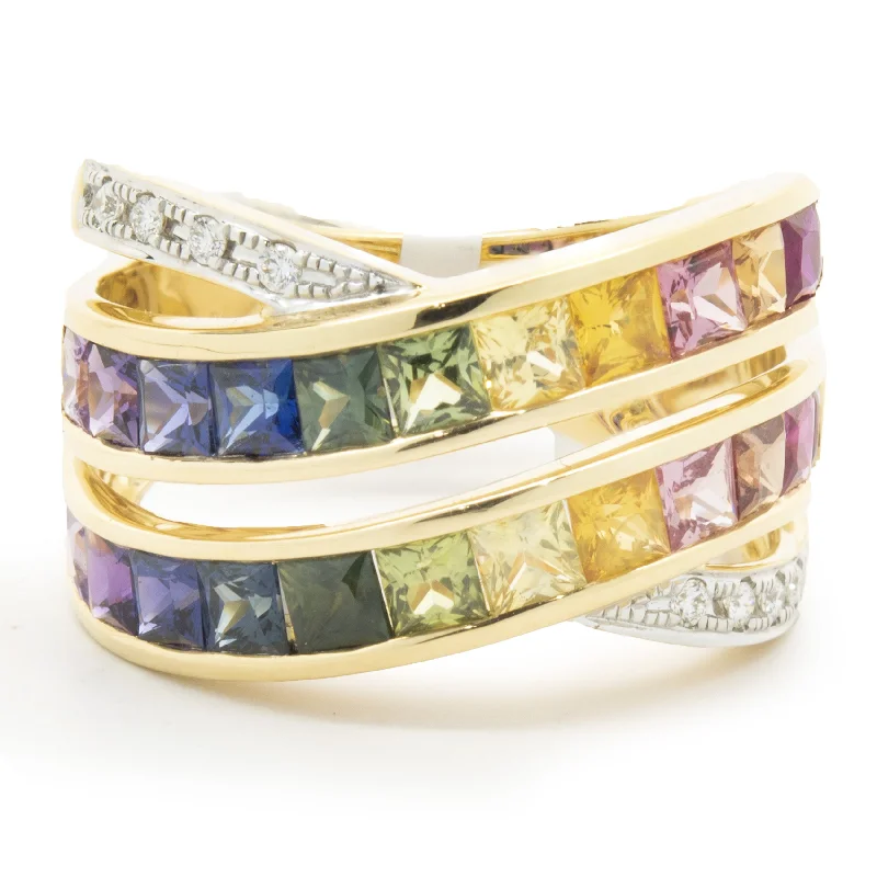 Beautiful engagement rings with tanzanite stones-18 Karat Yellow Gold Rainbow Sapphire and Diamond Bypass Ring