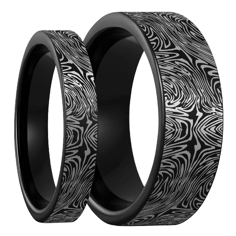 Affordable engagement rings for women-Damascus Steel Pattern Engraved Black Tungsten Couple's Matching Wedding Band Set