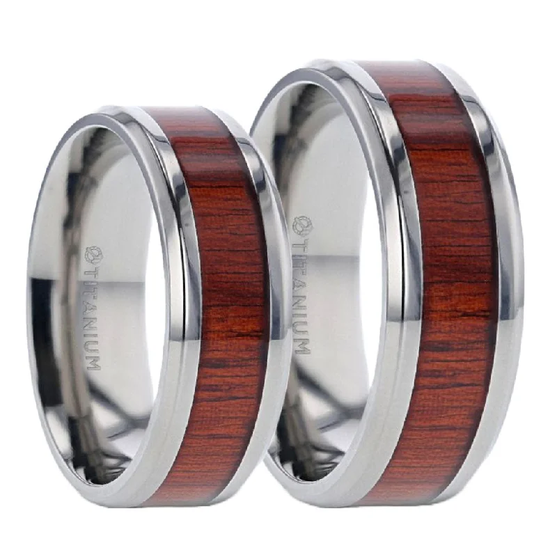 Beautiful cocktail rings for women-Titanium Couple's Matching Wedding Band Set with Padauk Wood Inlay