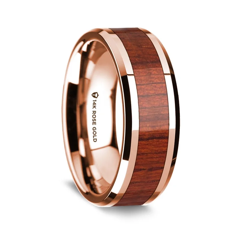 Gorgeous rose gold rings for women-14k Rose Gold Men's Wedding Band with Padauk Wood Inlay