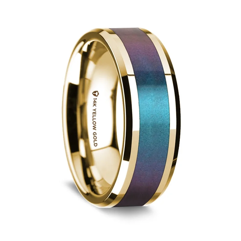 Designer rings for women-14k Yellow Gold Men's Wedding Band with Blue & Purple Color Changing Inlay