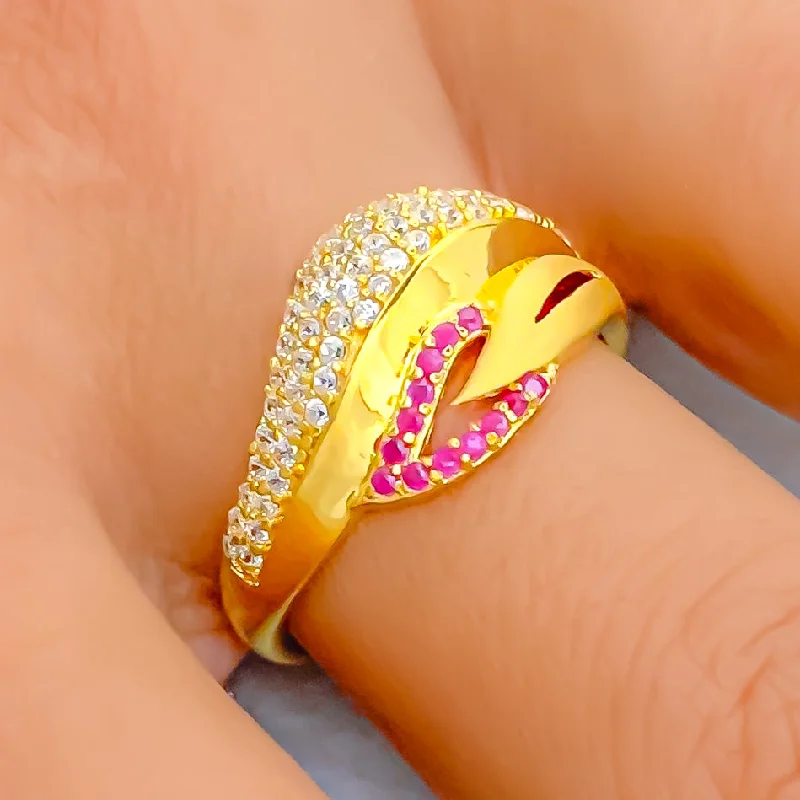 Vintage-style rings with rubies-Glistening Asymmetrical 22k Gold CZ Leaf Ring