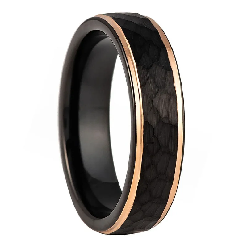 Affordable rings for bridesmaids-Hammered Black Tungsten Women's Wedding Band with Rose Gold Edges