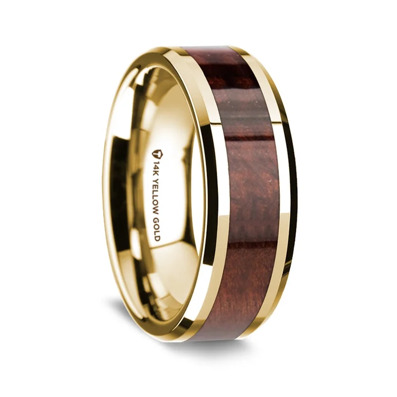 Unique promise rings for women-14k Yellow Gold Men's Wedding Band with Redwood Inlay