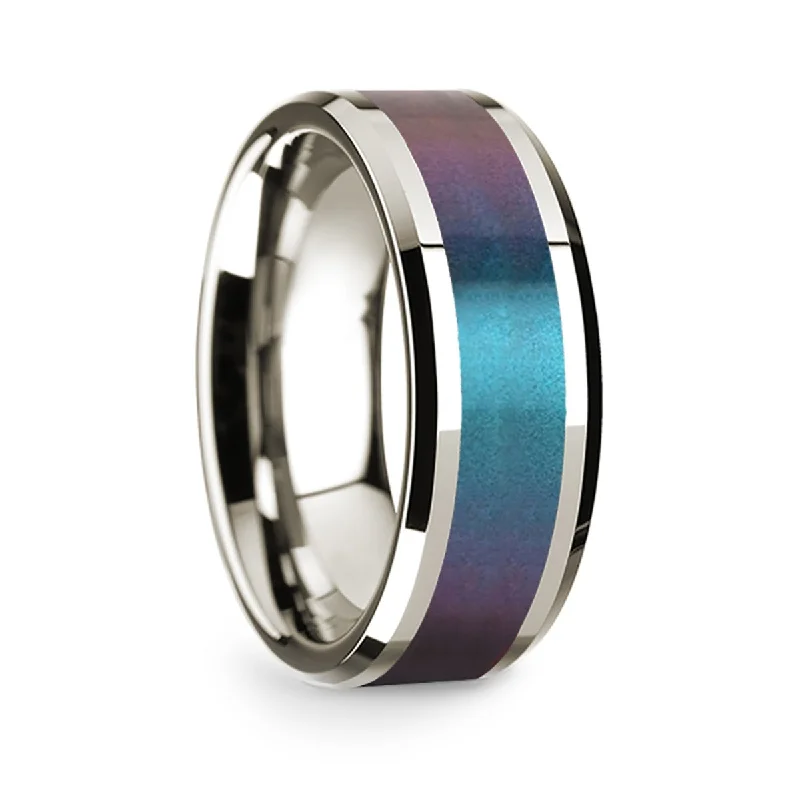 Elegant engagement rings with emeralds-14k White Gold Men's Wedding Band with Blue & Purple Color Changing Inlay