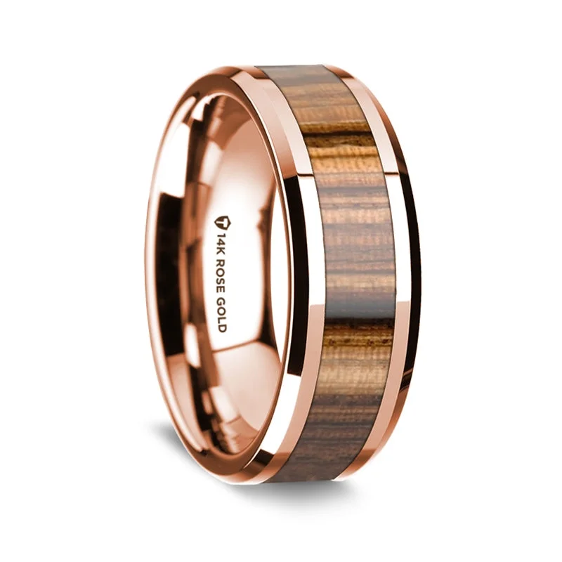 Affordable rings for bridesmaids-14k Rose Gold Men's Wedding Band with Zebra Wood Inlay